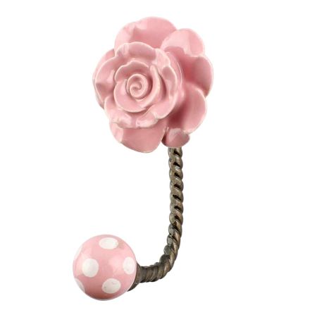 Pink Flower Ceramic Wall Hook in Antique Fitting